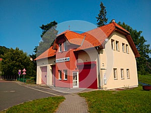 Local fire station in the small town Stechovice during beautiful summer weather