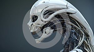 Steel alien with bony skeleton mouth, robot UFO sketch design. Generative ai