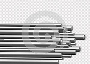 Steel or aluminum pipes, industrial, metal pipelines manufacturing concept.