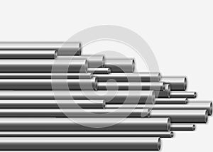 Steel or aluminum pipes, industrial, metal pipelines manufacturing concept.