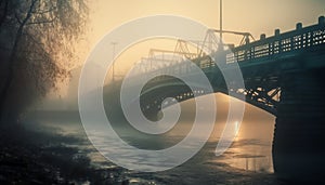 The steel arch bridge reflects the sunset in tranquil scene generated by AI