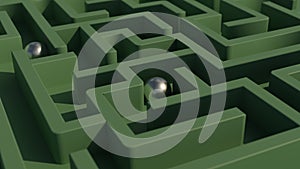 Steel balls inside maze. Choices, challenge and puzzle concept. 3D rendering illustration.