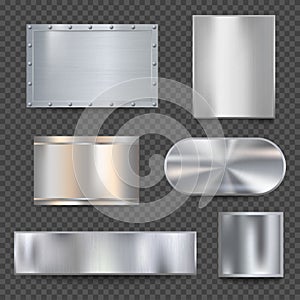 Steel banners. Realistic metallic shiny plaque plate vector detailed textures