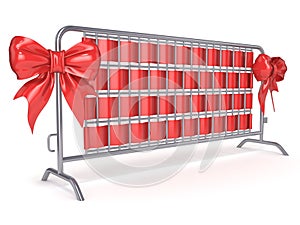 Steel barricades with red ribbon bows. Side view.
