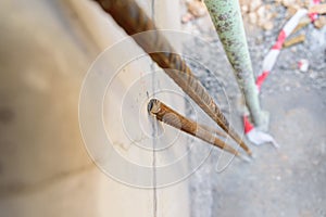 Steel bars to reinforce foundations, seen in detail with the background out of focus