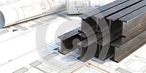 Steel beams stack on project blueprints background. 3d illustration