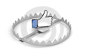 Steel bear trap with thumb`s up symbol