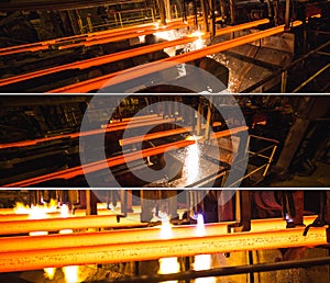Steel Billets at Torch Cutting. Collage of pictures.