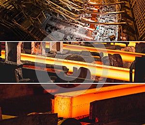 Steel Billets at Torch Cutting. Collage of pictures.