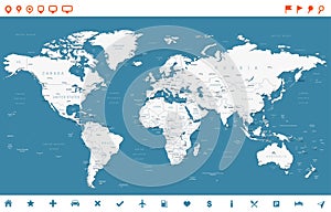 Steel Blue World Map and navigation icons - illustration.