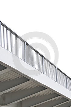Steel bridge girder span, blue grey metal pillar guardrails, isolated modern industrial flyover overpass railings perspective