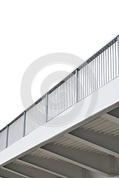 Steel bridge girder span, blue grey metal pillar guardrails, modern contemporary industrial flyover overpass isolated perspective