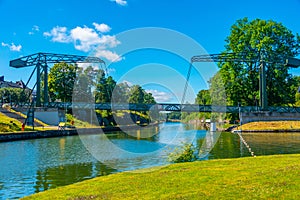 Steel bridge over gota alv river in Swedish town Trollhattan