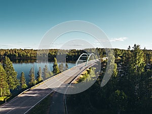 Steel bridge over lake at Suomussalmi Finland