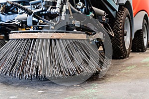 Steel Broom of Road Sweeper Car Machine Close-up