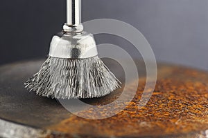 Steel brush for drill clean off old metal sheet with rust