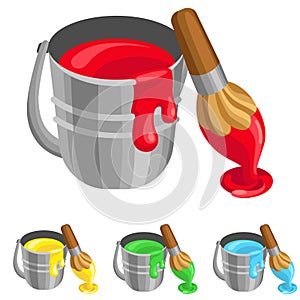 The steel bucket with paint and brush