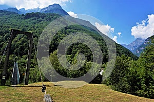 Steel cable bridge and beautiful landscape in the Valle Verzasca