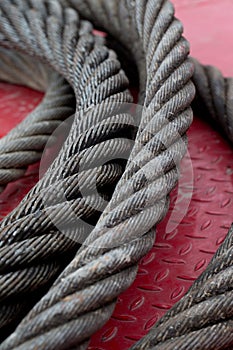 Steel cable at a shipyard in close up.