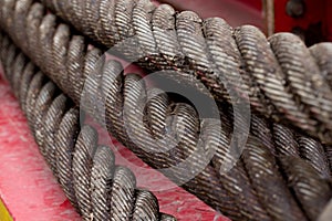 Steel cable at a shipyard in close up.
