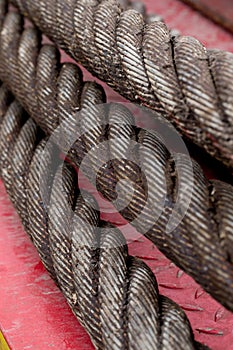 Steel cable at a shipyard in close up.