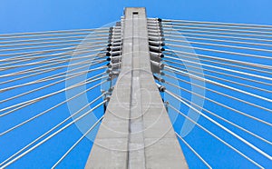 Steel cables of Swietokrzyski bridge over the Vistula river in Warsaw