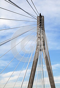 Steel cables of Swietokrzyski bridge over the Vistula river in Warsaw