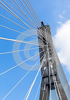 Steel cables of Swietokrzyski bridge over the Vistula river in Warsaw