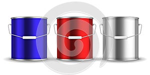 Steel can for paint. Realistic metal buckets with handles. 3D packaging for liquid. Blue or red and white aluminum