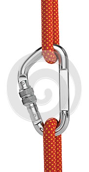 Steel carabiner hook with a climbing rope isolated on white