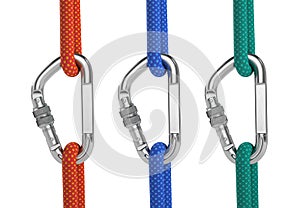 Steel carabiner hook with a red, blue and green climbing rope isolated on white