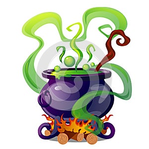 Steel cauldron with boiling green magic potion isolated on white background. Sketch for a poster or card for the holiday photo