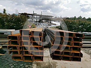 Steel channel on a construction site. The use of steel channel to strengthen the foundation of the house in a construction site