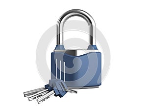 Steel clasic lock with keys 3d render on white no shadow