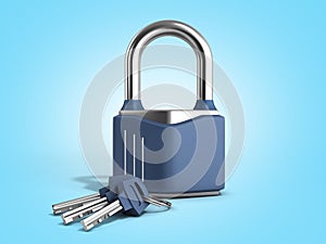 Steel clasic lock with keys 3d render on blue gradient photo