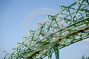 Steel construction of a cable car with riveted steel girders, steel cable and gondola
