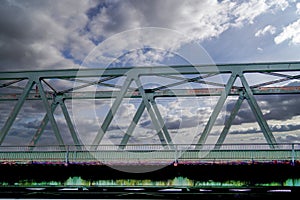 Steel construction of a cable car with riveted steel girders, steel cable and gondola