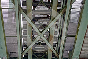 Steel construction of a cable car with riveted steel girders, steel cable and gondola