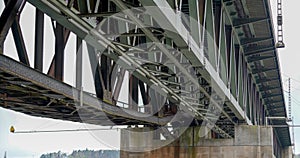 Steel construction of a cable car with riveted steel girders, steel cable and gondola