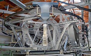 Steel construction of a cable car with riveted steel girders, steel cable and gondola