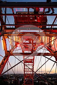 steel construction of red historic ferris wheel Wienner Riesenrad in Prater theme park Vienna, Austria