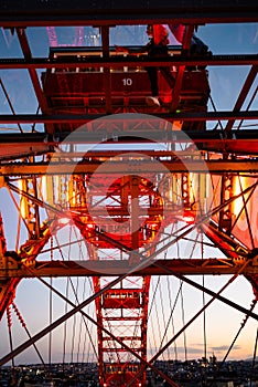 steel construction of red historic ferris wheel Wienner Riesenrad in Prater theme park Vienna, Austria