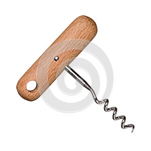 Steel corkscrew with wooden handle for wine bottle cork isolated