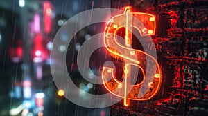 Steel dollar sign with neon lighting in background poster