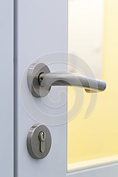 The steel door handle Inside white sterile cleanroom