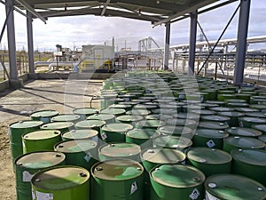 Steel drums with chemical reagent. Canopy for storage of chemical agent.