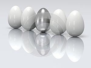 Steel egg in a row of the white eggs. 3D.