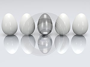 Steel egg in a row of the white eggs. 3D.