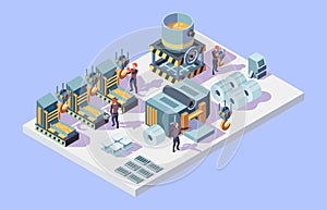 Steel factory. Foundry metallurgy processes in factory interior isometric workers vector