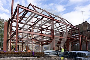 Steel frame building at a construction site